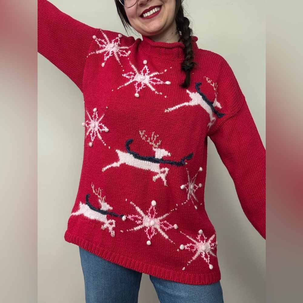 Lauren Hansen Festive Red Reindeer Sweater